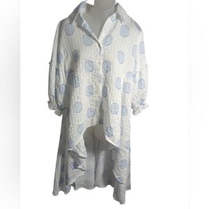 Patrizia Luca White Blue Dot Button Down Peplum Tunic Top Oversized Gauze Shirt